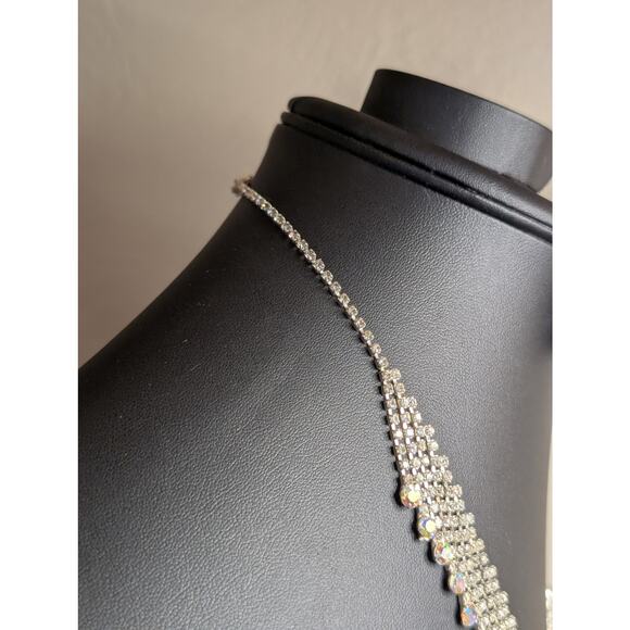 Rhinestone AB Crystal Fringe Dangle Silver Tone 17"-18" Necklace - Picture 3 of 10